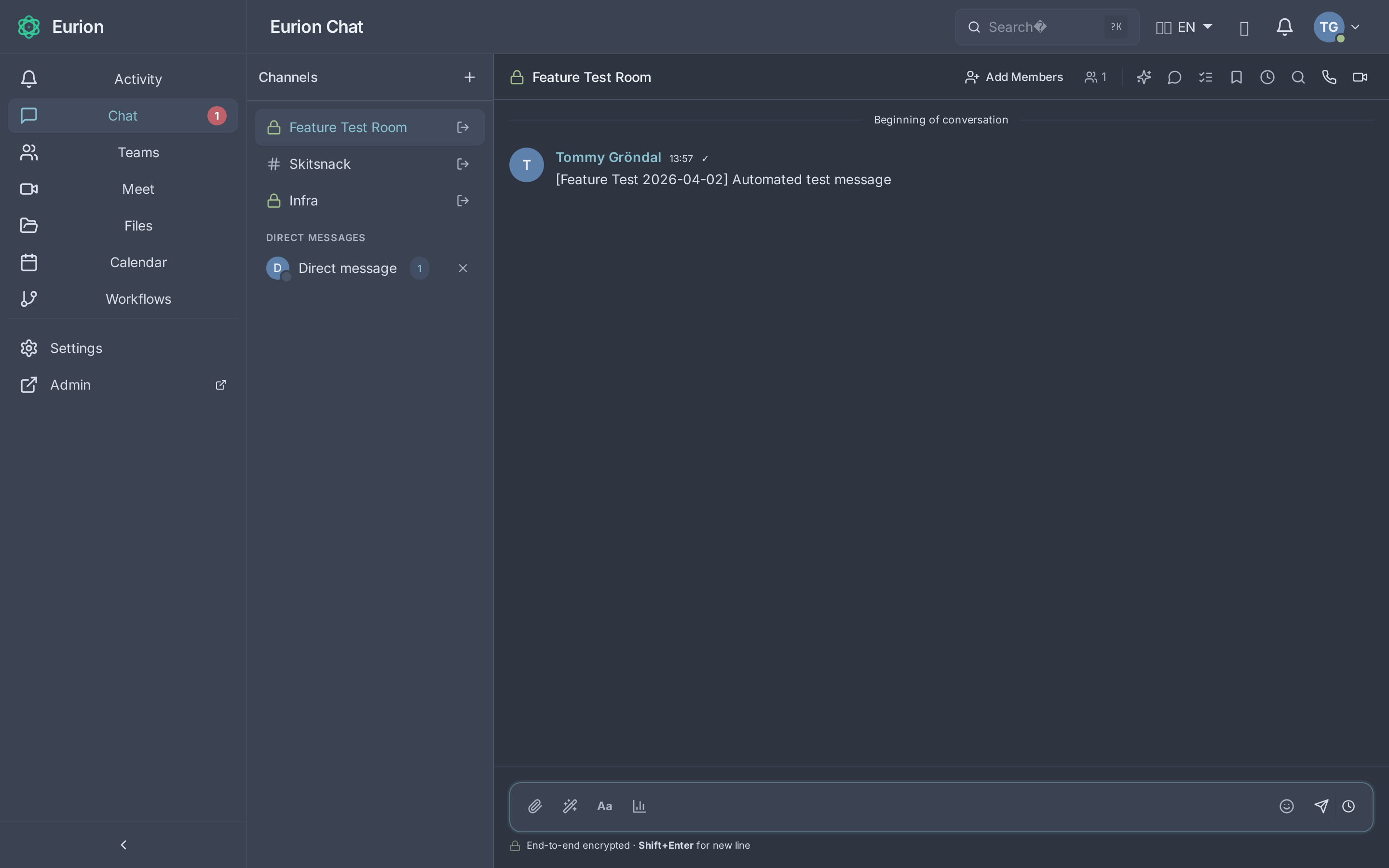 EURION Chat — real-time E2E encrypted messaging with room list sidebar