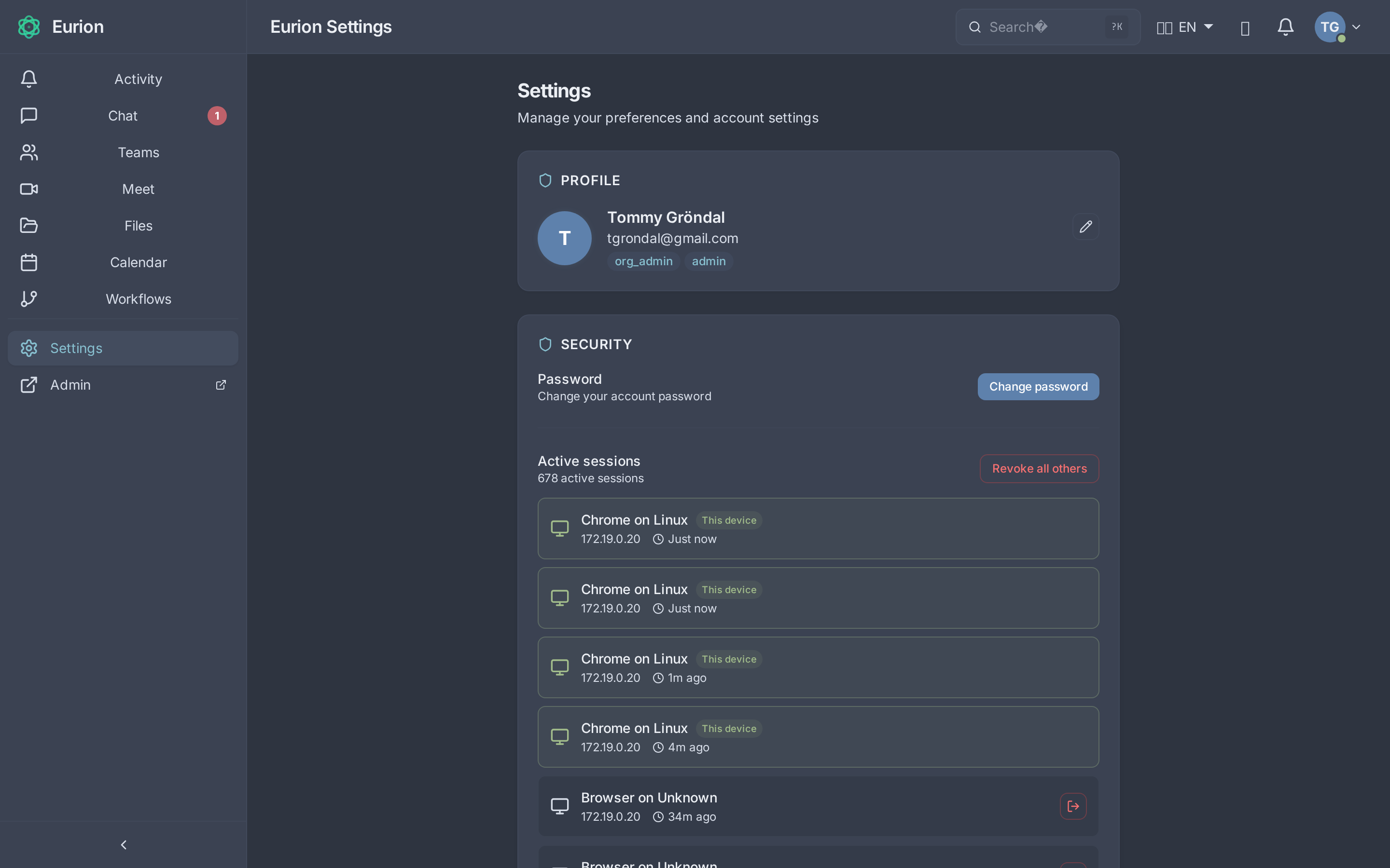 EURION Settings — security, 2FA, and profile management