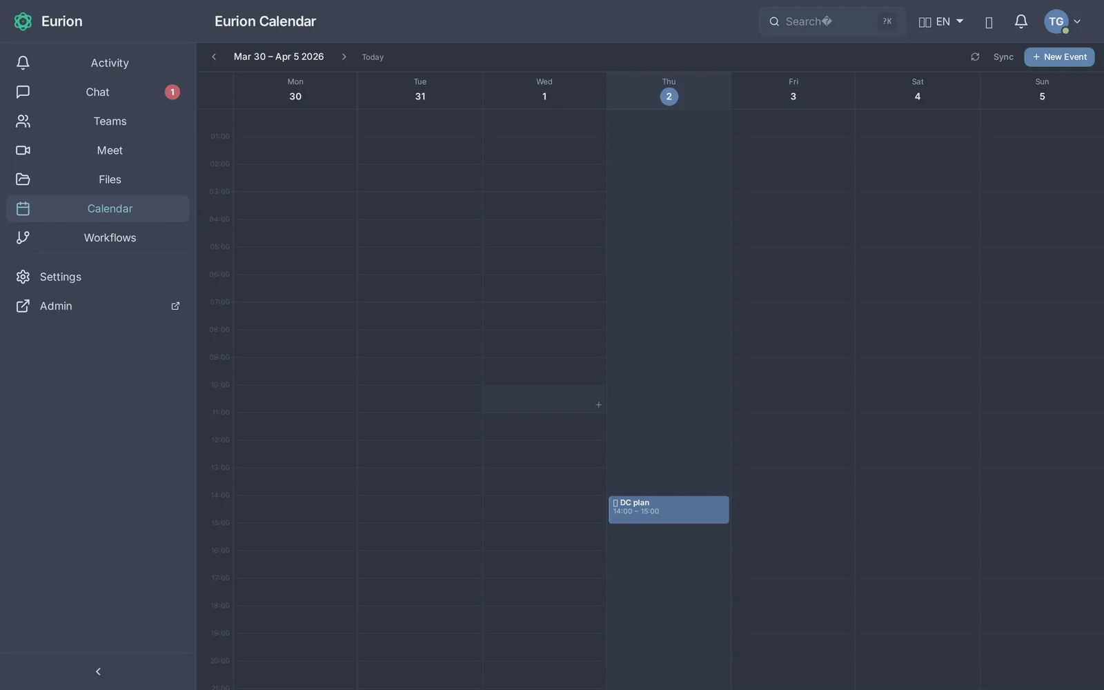 Eurion Kalender med veckovy och inbokade möten.